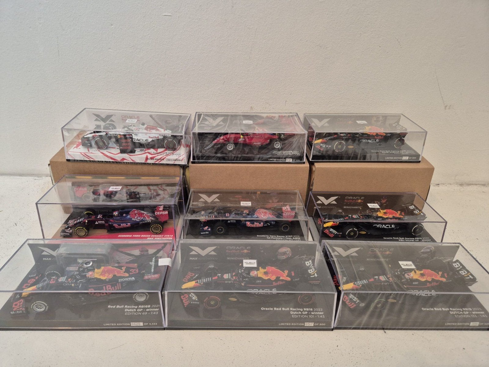 MAX VERSTAPPEN 1:43 COLLECTIE TORO ROSSO REDBULL FLORIDA ETC, Ophalen, Nieuw, Auto, MiniChamps