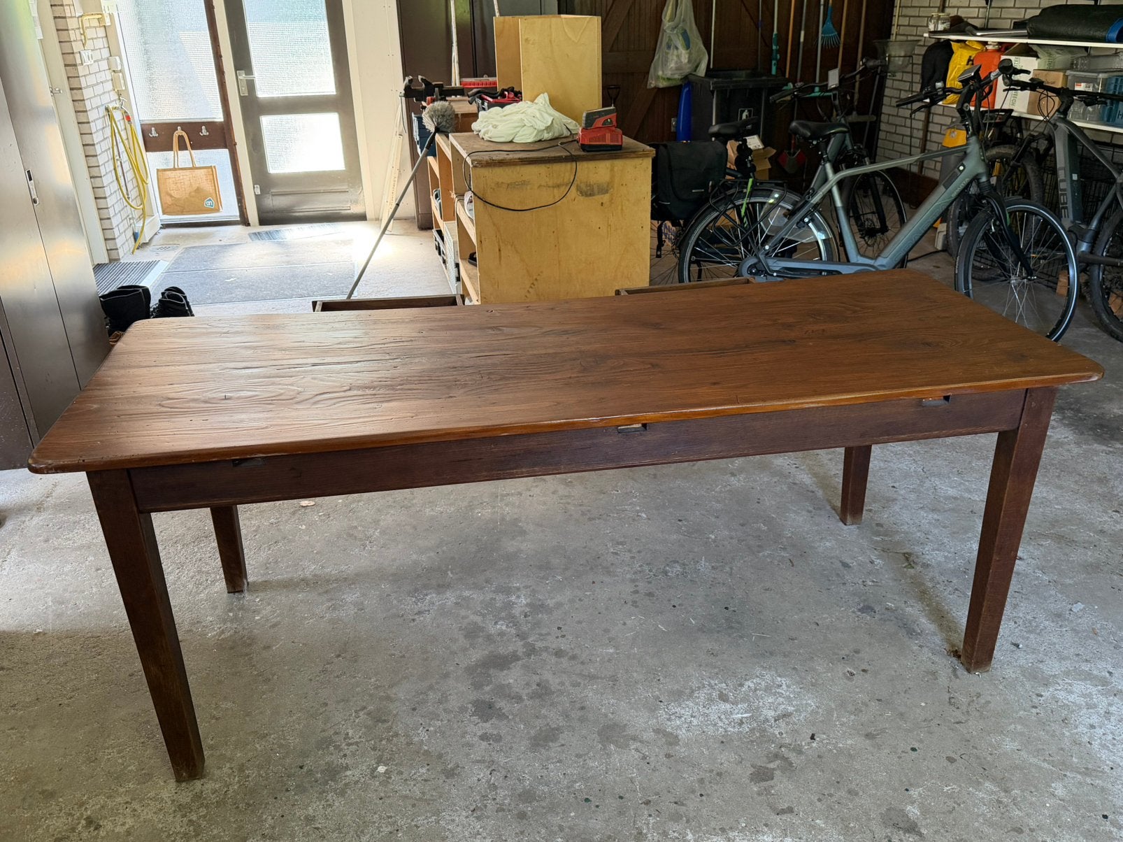 Oude eiken tafel met 2 laden 85 x 210, Ophalen, Gebruikt, 200 cm of meer, 50 tot 100 cm