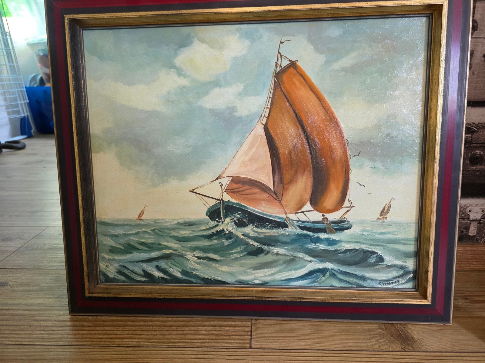 Schilderij botter op woelige zee, gesigneerd C. Vermega, Antiek en Kunst, Ophalen of Verzenden