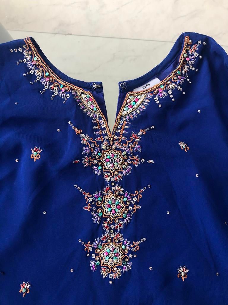 Bollywood Kobalt Blauwe Salwaar Kamiz met Borduurwerk, Kleding | Dames, Gelegenheidskleding, Ophalen of Verzenden, Blauw, Overige typen