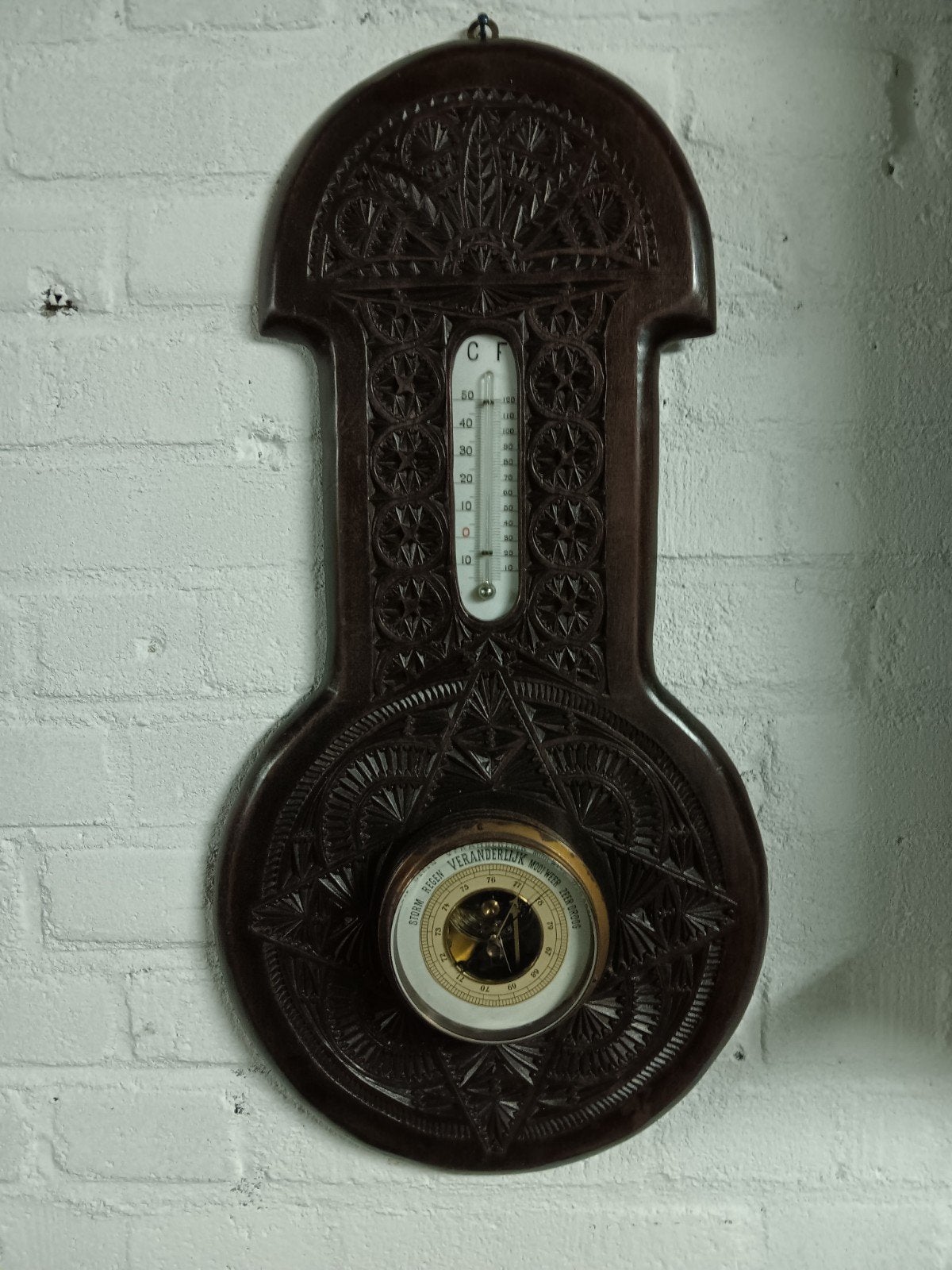 Antiek Barometer Weerstation met Thermometer - Houtsnijwerk, Ophalen