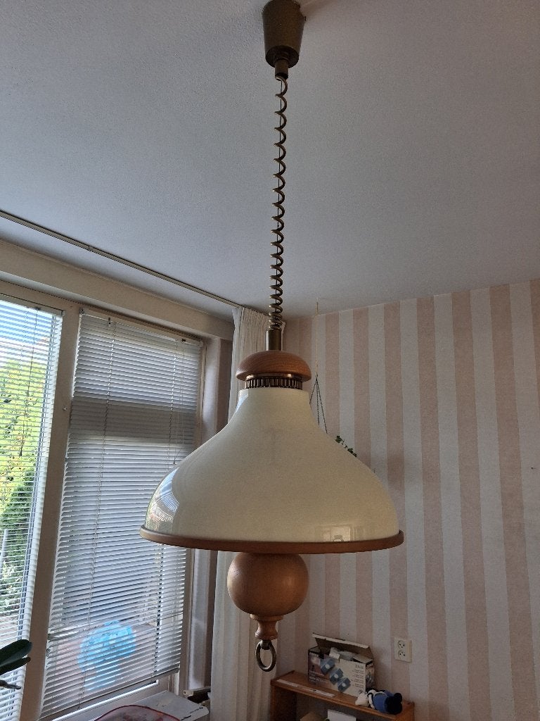 Grote hanglamp hout en glas eetkamer, Ophalen, Zo goed als nieuw, Glas
