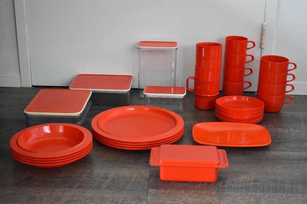 Mepal vintage retro rood oranje 4 persoons buiten servies, Ophalen of Verzenden, Gebruikt