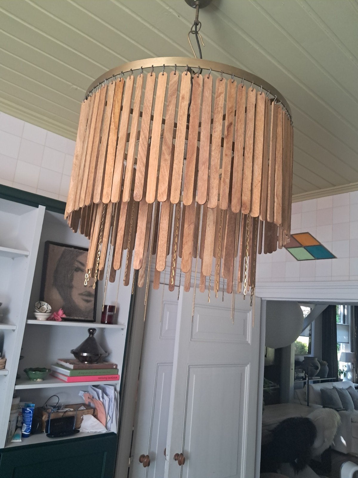 Kroonluchter hout en messing, diameter 60 cm, Ophalen of Verzenden, Gebruikt, Hout