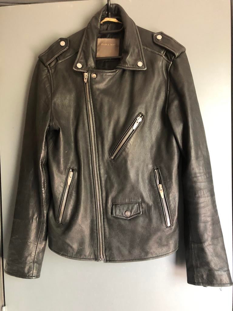 Zwart  vintage leren  jas zara man M motor rock punk, Ophalen of Verzenden, Gedragen, Maat 48/50 (M), Zwart