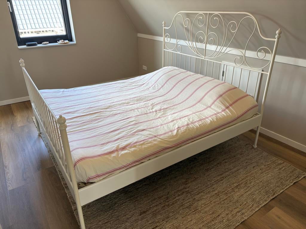Tweepersoons Bed IKEA 180 x 200 Leirvik, Ophalen, Gebruikt, Wit, Tweepersoons