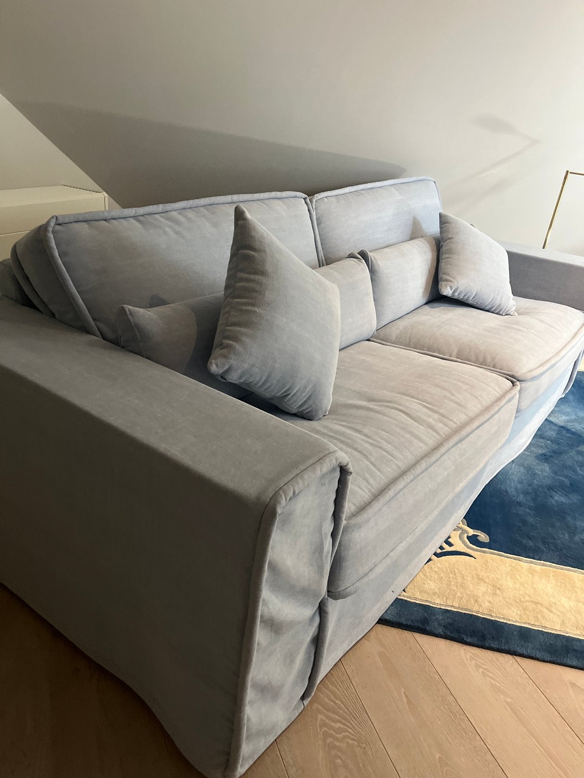 Nauwelijks gebruikte lichtblauwe Riviera Maison bank, Ophalen, 250 tot 300 cm, 100 tot 125 cm, Nieuw