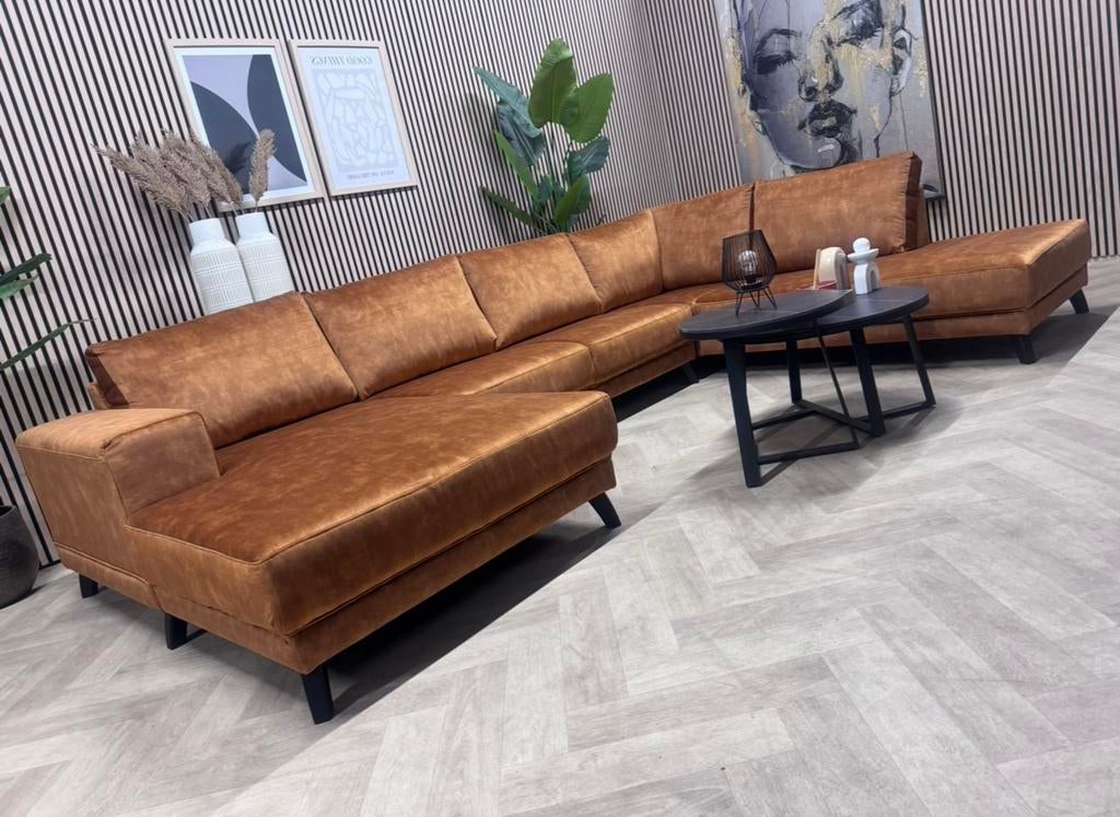 NIEUW | Luxe Velvet Velours U-Bank - Cognac - 350cm, Huis en Inrichting, Hoekbank, 300 cm of meer, Ophalen of Verzenden, X