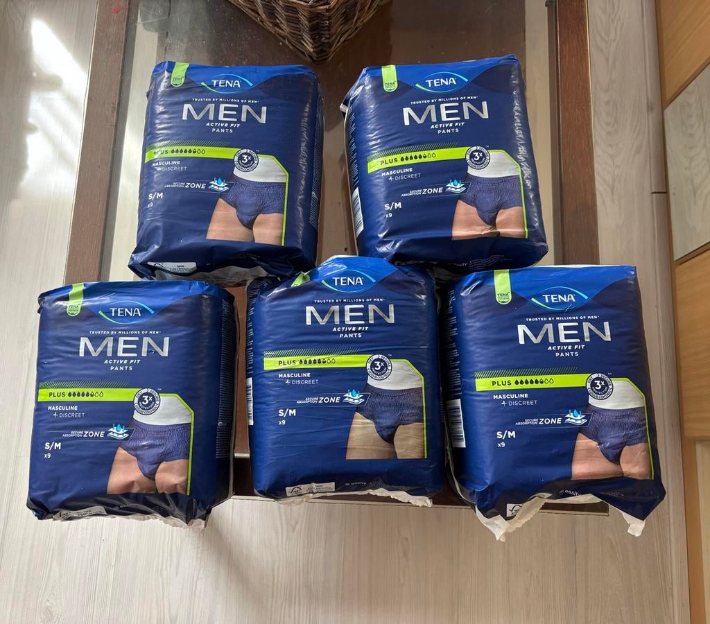5 nieuwe verpakkingen Tena men Incontinentiebroekjes S/M, Ophalen of Verzenden, Nieuw