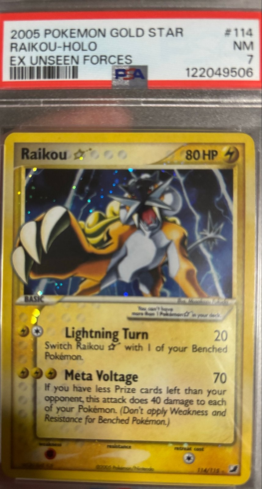 Raikou Gold Star Holo EX Unseen Forces PSA 7 NM Pokémon, Ophalen of Verzenden, Zo goed als nieuw, Losse kaart, Foil