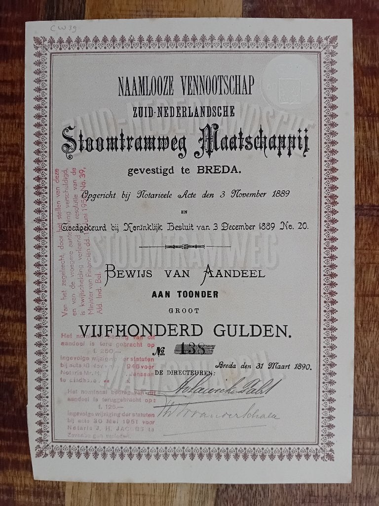 Zuid-Nederlandsche Stoomtramweg Maatschappij - Breda 1890, Ophalen of Verzenden, Gebruikt, Trein, Kaart of Prent