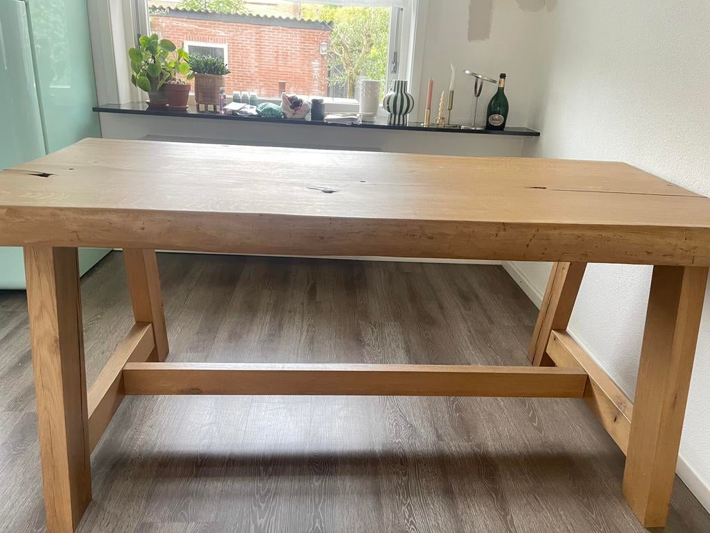Robuust eiken houten tafel, Eikenhout, 200 cm of meer, Zo goed als nieuw, Rechthoekig