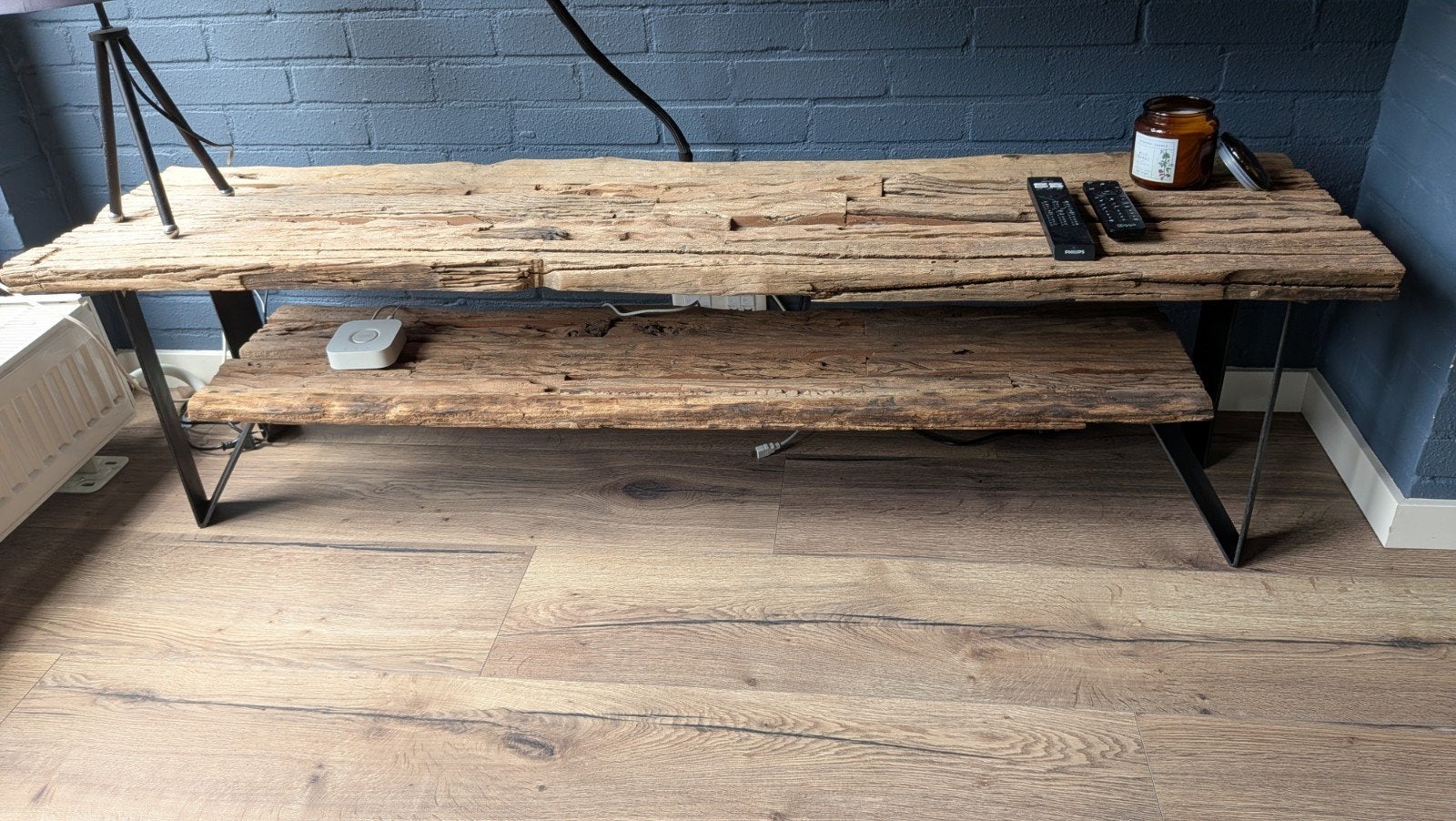Industriëel TV meubel van oud hout en metaal, Industrieel, Rustiek, Robuust, 150 tot 200 cm, Zo goed als nieuw, Minder dan 100 cm
