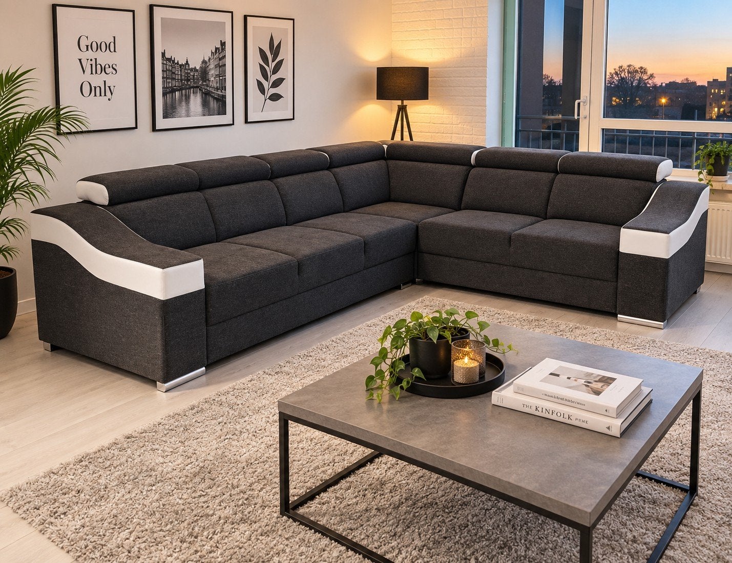 Grote luxe hoekbank grijs/wit – verstelbare hoofdsteunen, Huis en Inrichting, Ophalen, Gebruikt, 300 cm of meer, Vierpersoons of meer