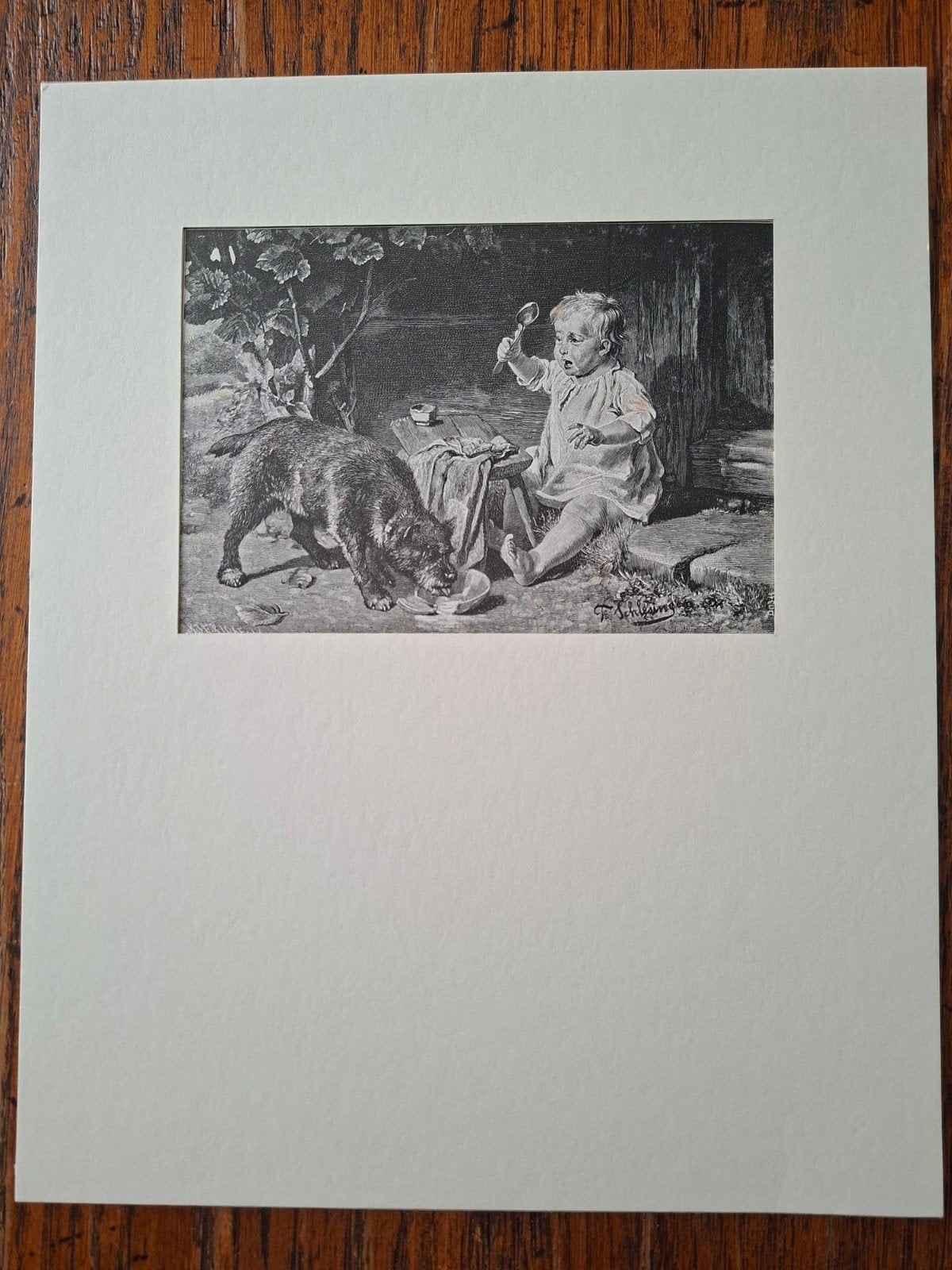 Antieke Houtgravure: Kind en Hond (19e Eeuw), Antiek en Kunst, Kunst | Etsen en Gravures, Origineel, Dagelijks leven, 1800 - 1899