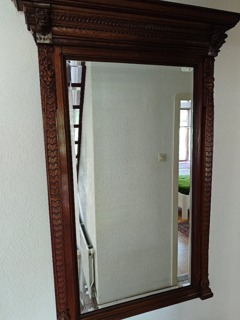 Grote antieke eikenhouten schouw- / hallspiegel 170  95 cm, Ophalen