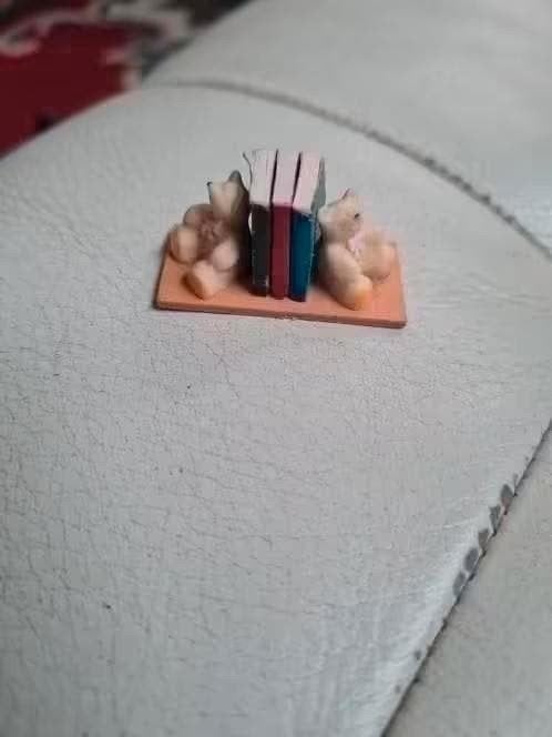 Miniatuur boekenstandaard met beertjes en 3 boekjes, Ophalen of Verzenden, Gebruikt