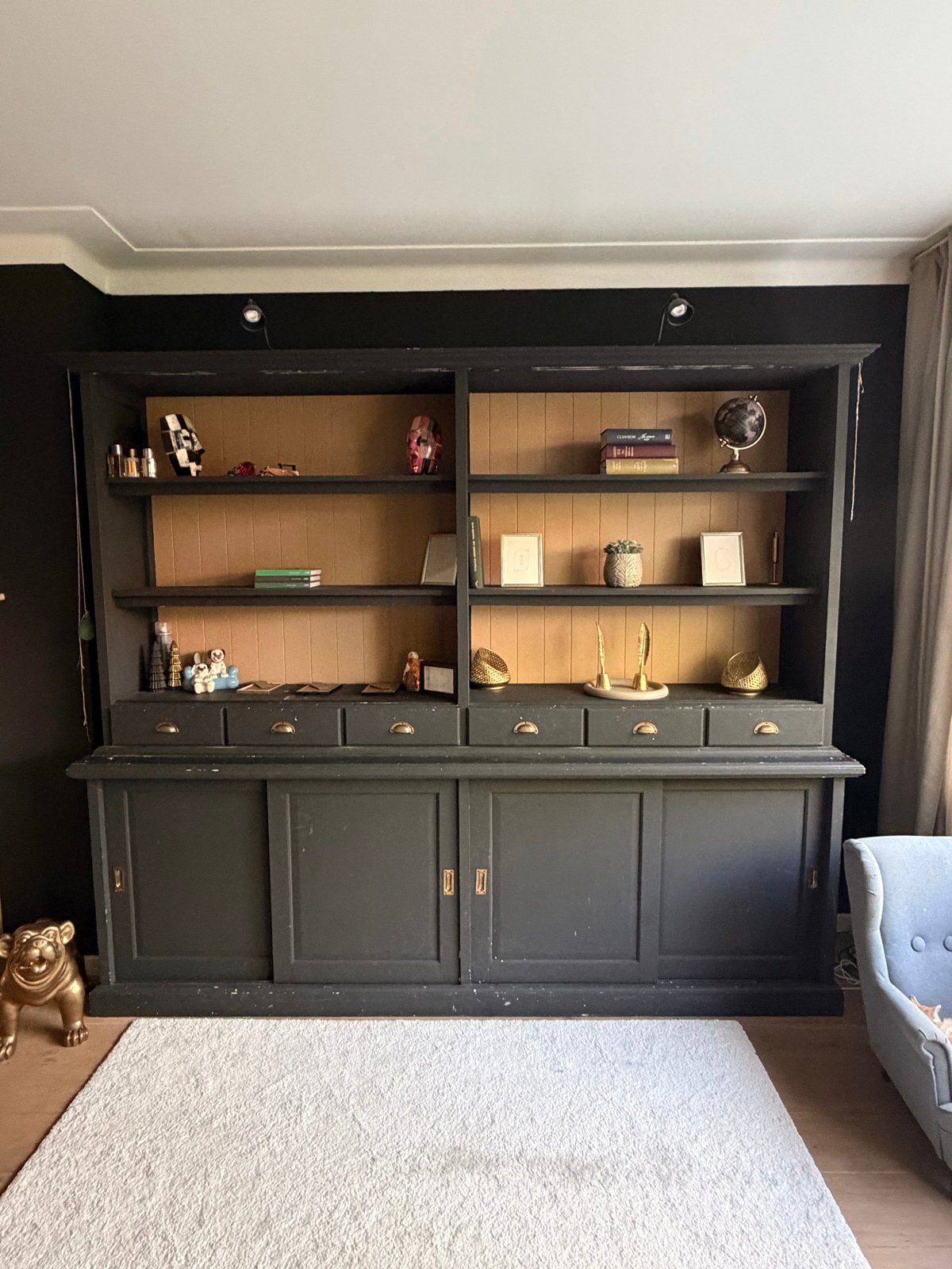 Grote Zwarte Buffetkast / Boekenkast met Schuifdeuren, Ophalen, Gebruikt, 200 cm of meer, Met lade(s)