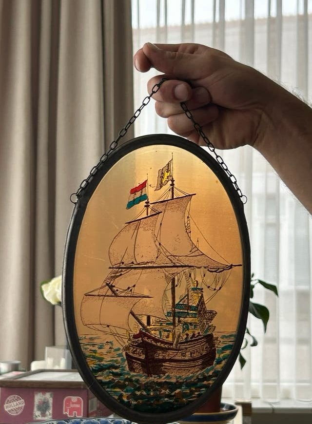 Vintage Glazen Schilderij met VOC-Schip, Antiek en Kunst, Ophalen of Verzenden