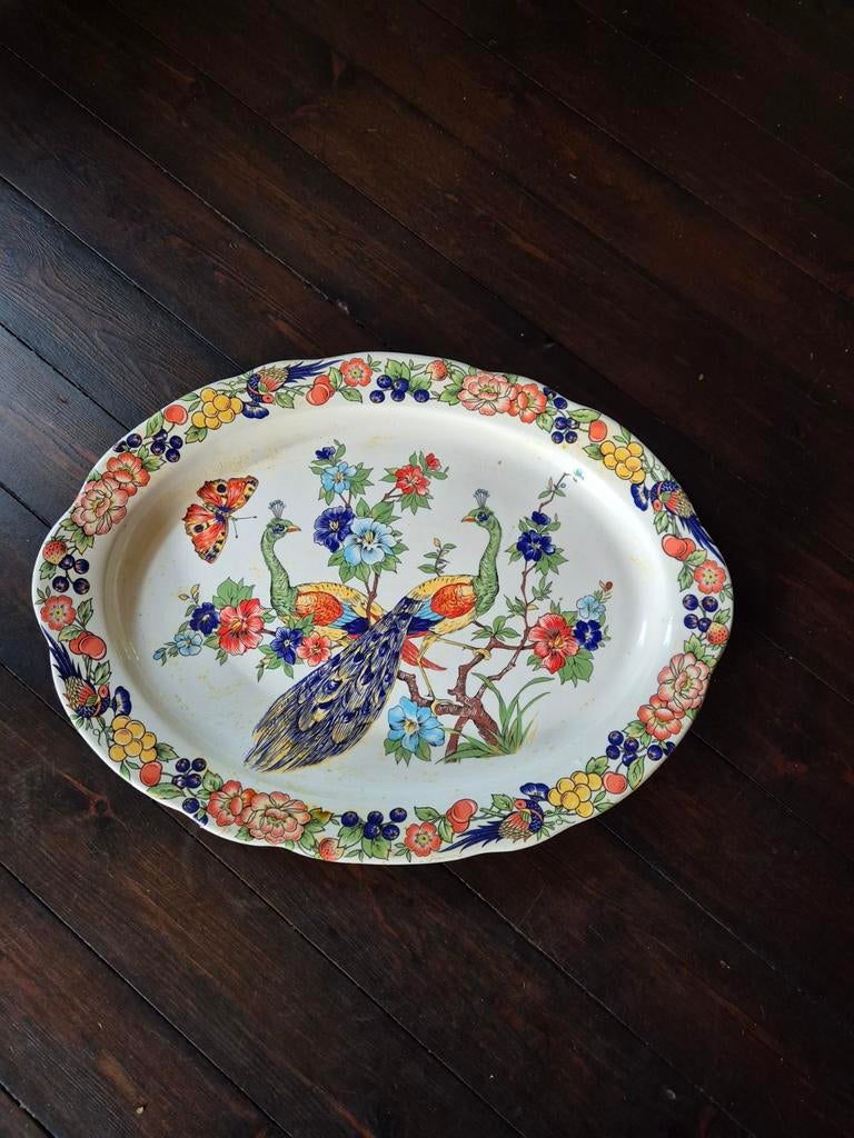 Sierschaal met bloemen en pauw afbeelding., Ophalen of Verzenden
