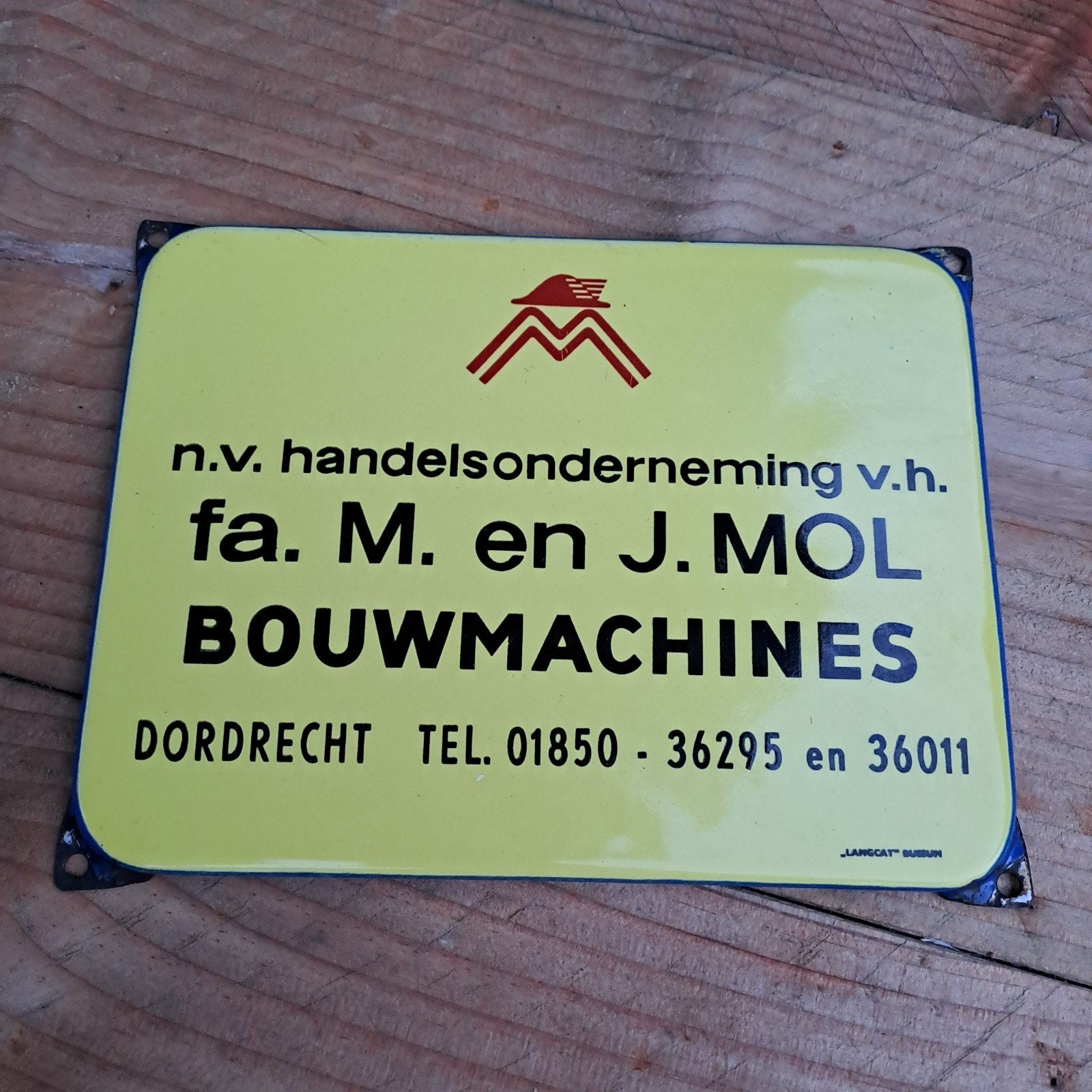 mol bouwmachines Langcat emaille reclamebord, Ophalen of Verzenden, Zo goed als nieuw, Reclamebord