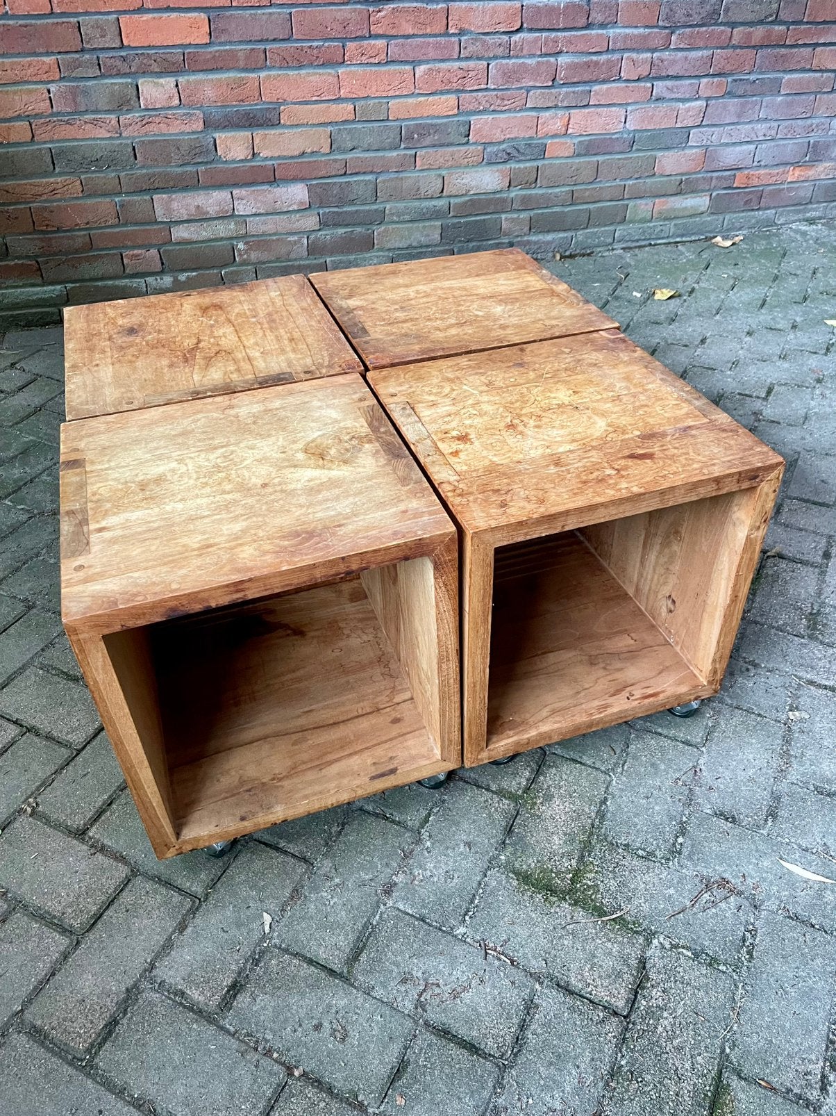 Teak houten salontafel - 4 losse kubussen op wieltjes, Ophalen, Gebruikt, Vierkant, Teakhout