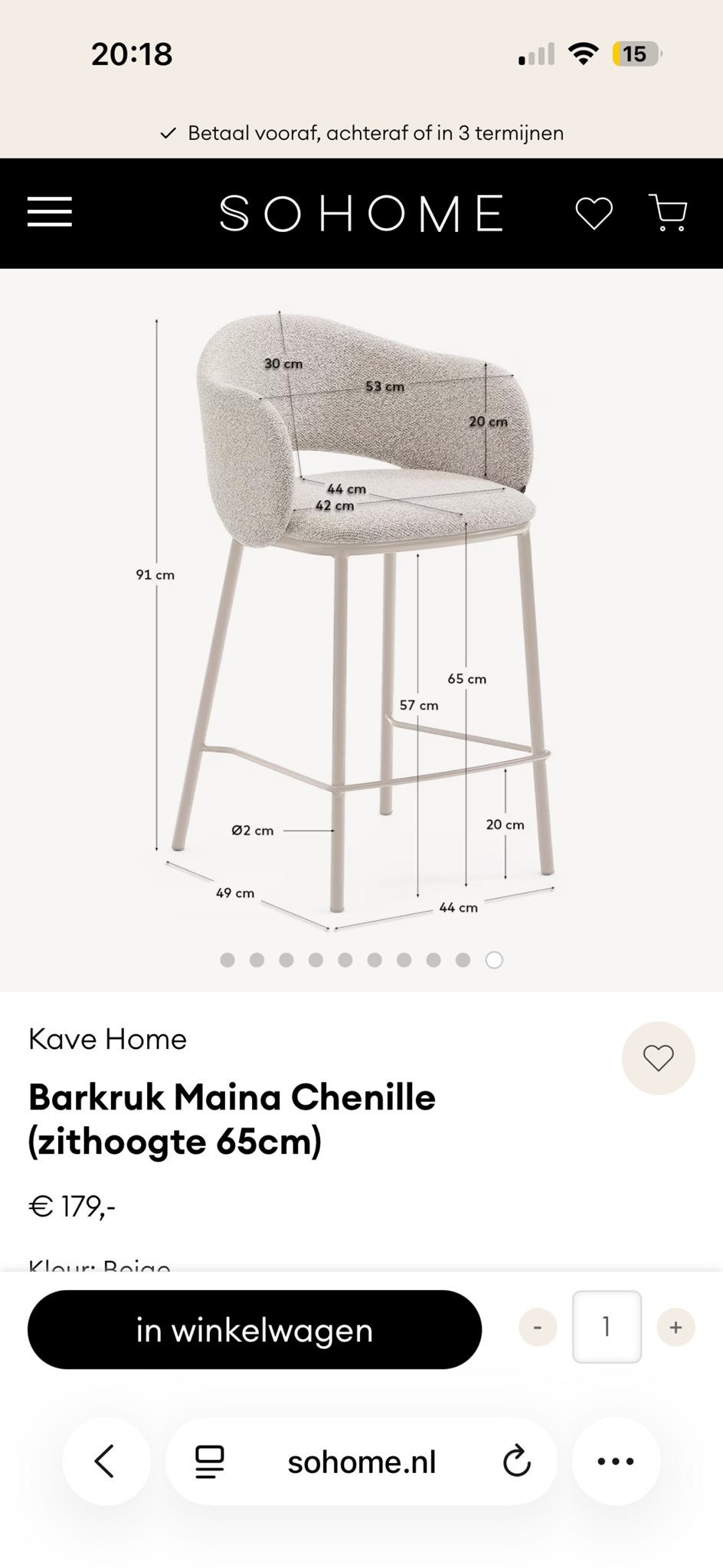 2x Beige Barstoelen Kave Home Maina Chenille, Ophalen, 60 tot 90 cm, Zo goed als nieuw, Metaal