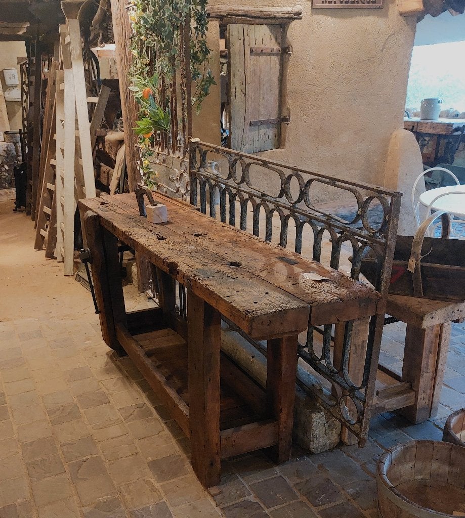 oude houten werkbank oude sidetable donker bruin, Huis en Inrichting, Tafels | Sidetables, Ophalen, Gebruikt, 200 cm of meer, 25 tot 50 cm