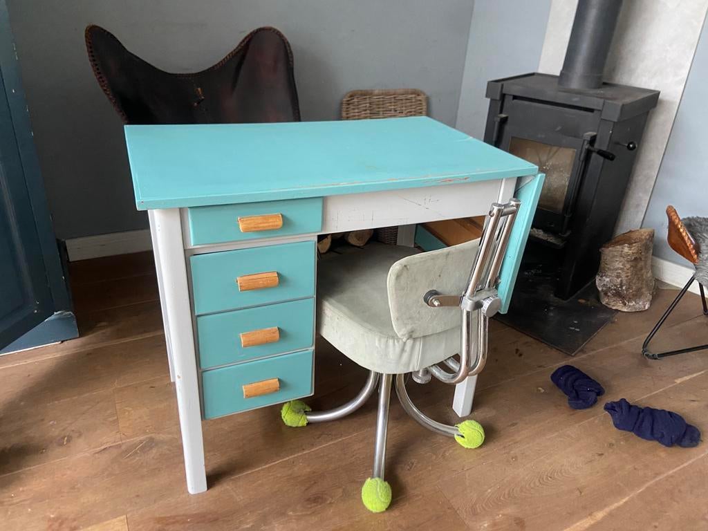 KinderBureau met lades - Blauw/Groen (121x52 of 84x52), Huis en Inrichting, Bureaus, Met lades, Gebruikt, Hout, Kinderbureau