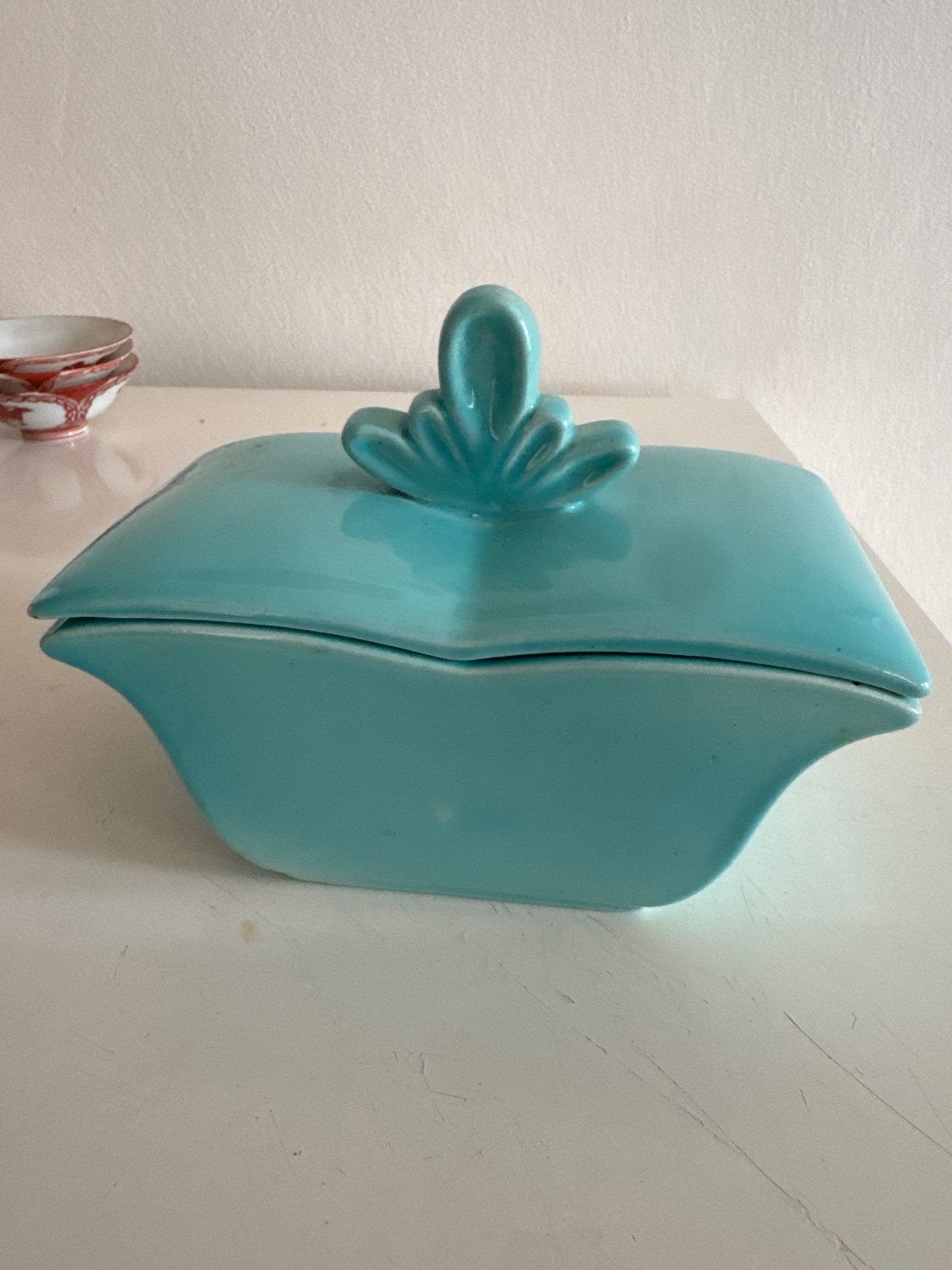 Vintage turquoise keramische botervloot met deksel, Ophalen of Verzenden