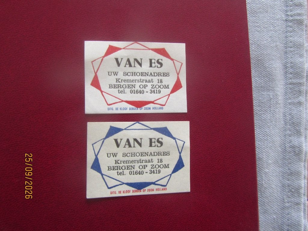 Schoenen van Es Kremerstraat Bergen op Zoom, Ophalen of Verzenden, Gebruikt, Luciferdoosjes of -merken