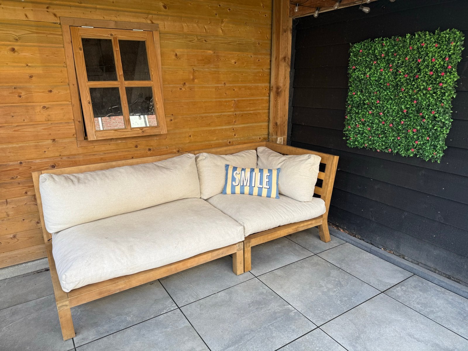 Houten loungebank met kussens, Ophalen of Verzenden, Gebruikt, Hout