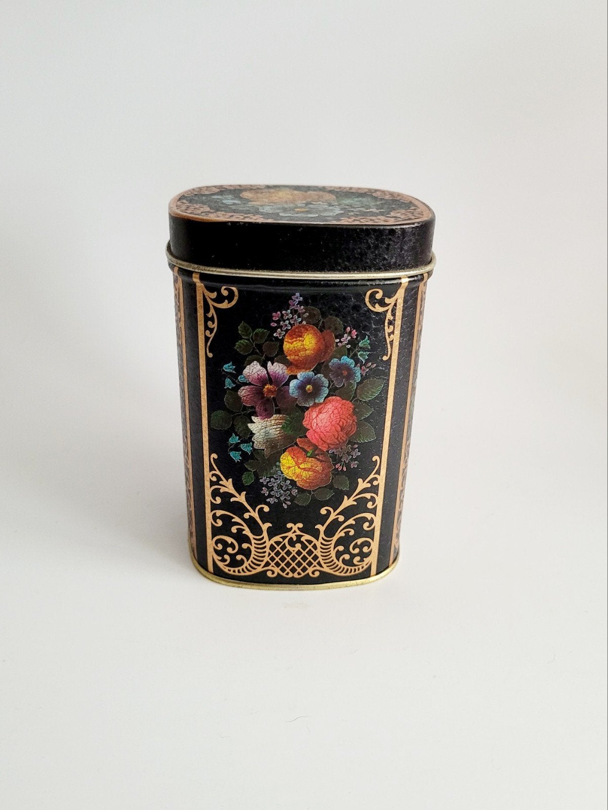 Engels vintage blik blikje theeblik met bloemen, Ophalen of Verzenden