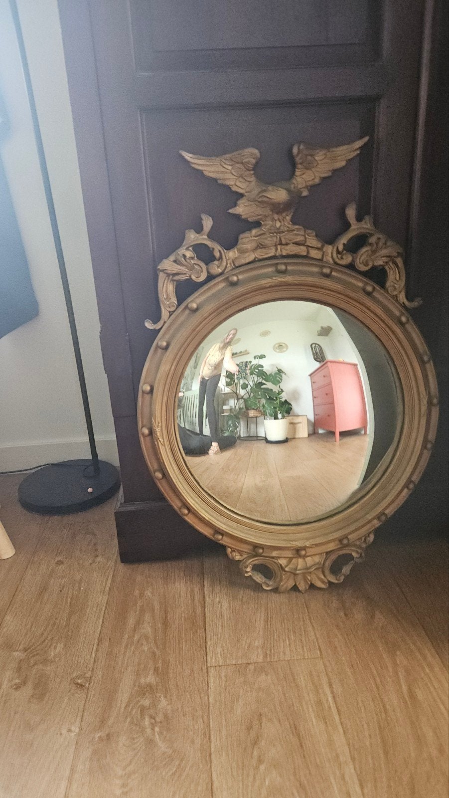 Vintage Gouden butler Spiegel met Adelaar - Rond, Ophalen, Rond, 50 tot 100 cm, 100 tot 150 cm