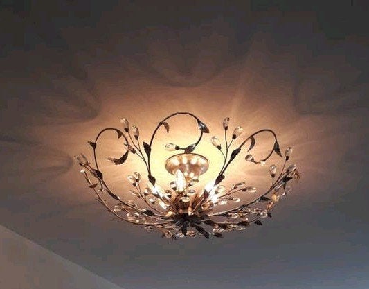 Elegance Plafonniere Bladzilver met kristallen & 6 lampen, Huis en Inrichting, Ophalen