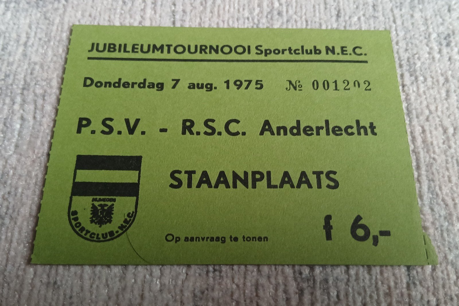 Ticket PSV-Anderlecht in de Goffert (NEC) 1975, Ophalen of Verzenden, PSV