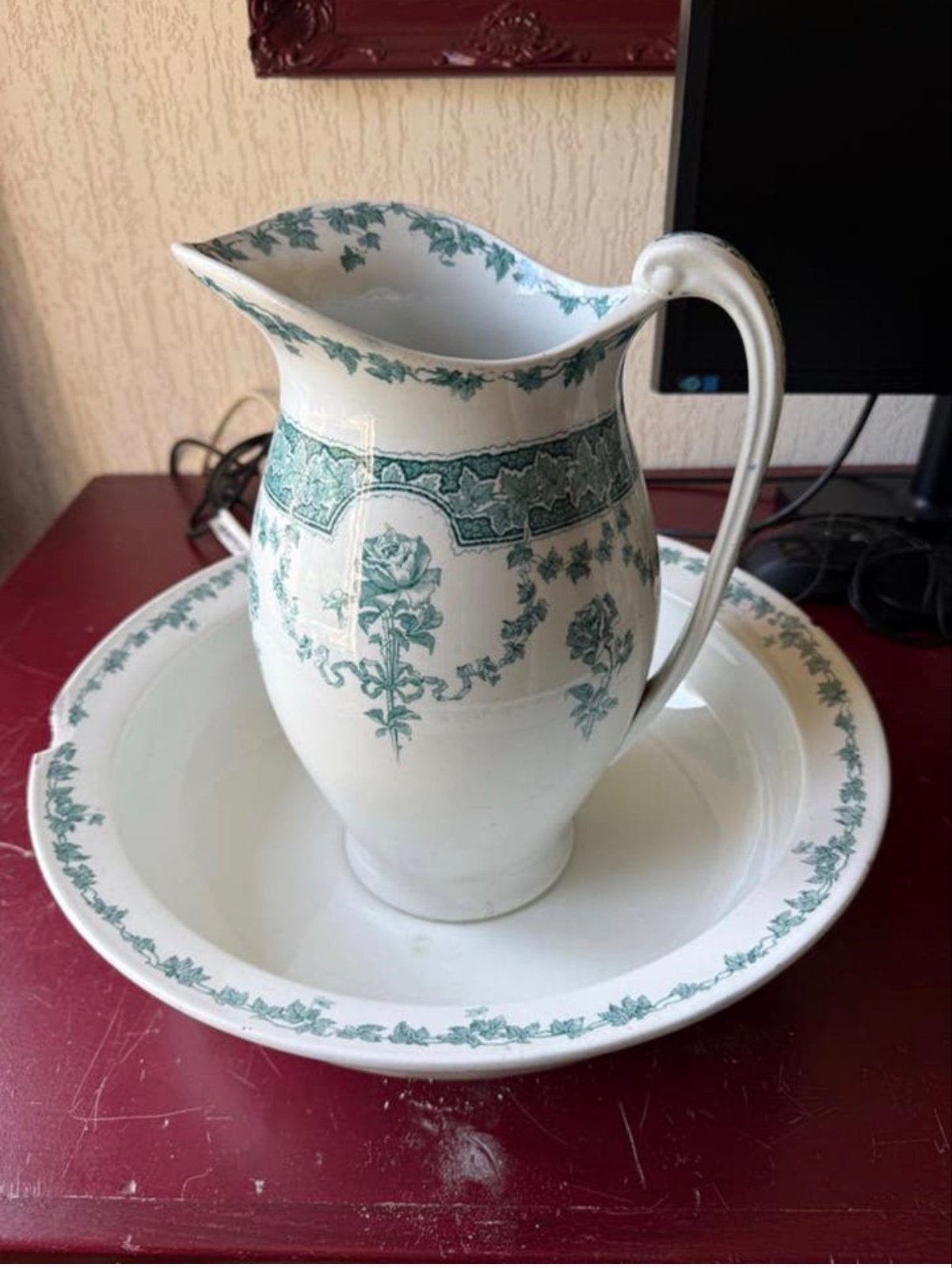 Antiek Engels Lampetstel 'OBAN' met Groen Decor - Decoratief, Antiek en Kunst, Antiek | Porselein, Ophalen of Verzenden