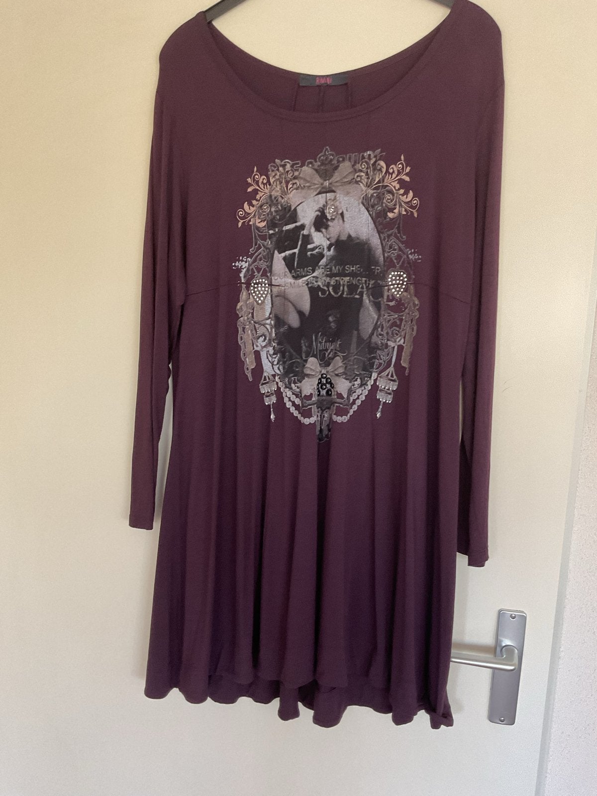 Rimini Tuniek Jurk donker aubergine met Print ong. Maat 46, Ophalen of Verzenden, Zo goed als nieuw, Overige kleuren, Jurk