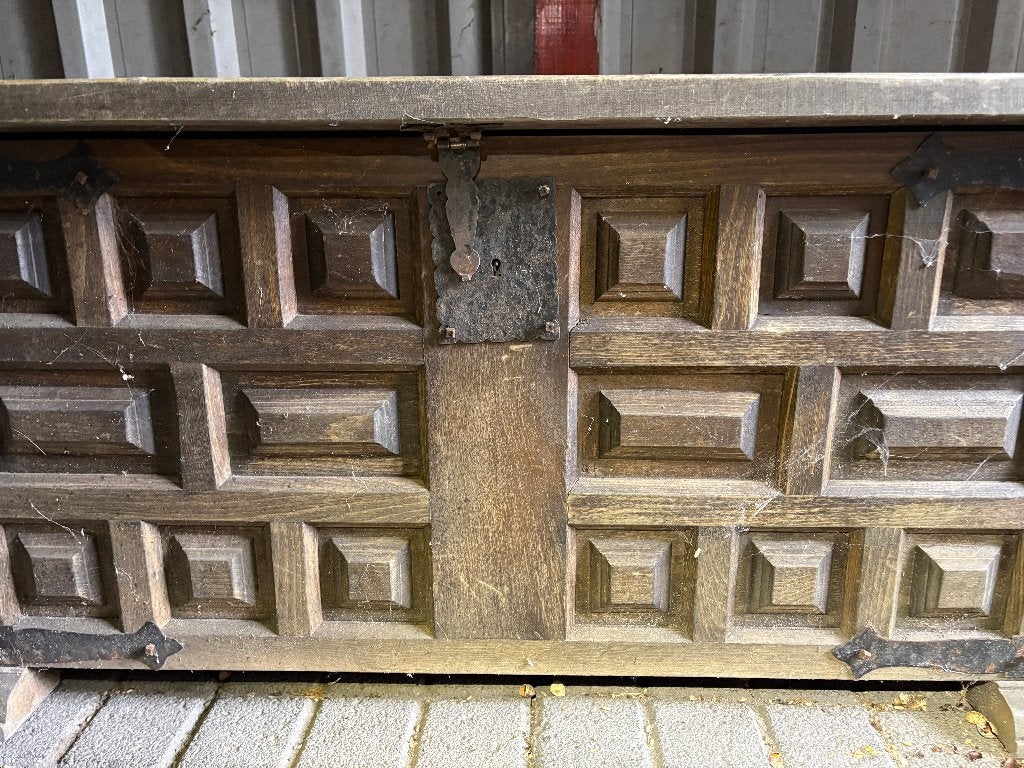 Robuuste antieke dekenkist / kussenkist, Ophalen, 50 – 75, Gebruikt, Eikenhout