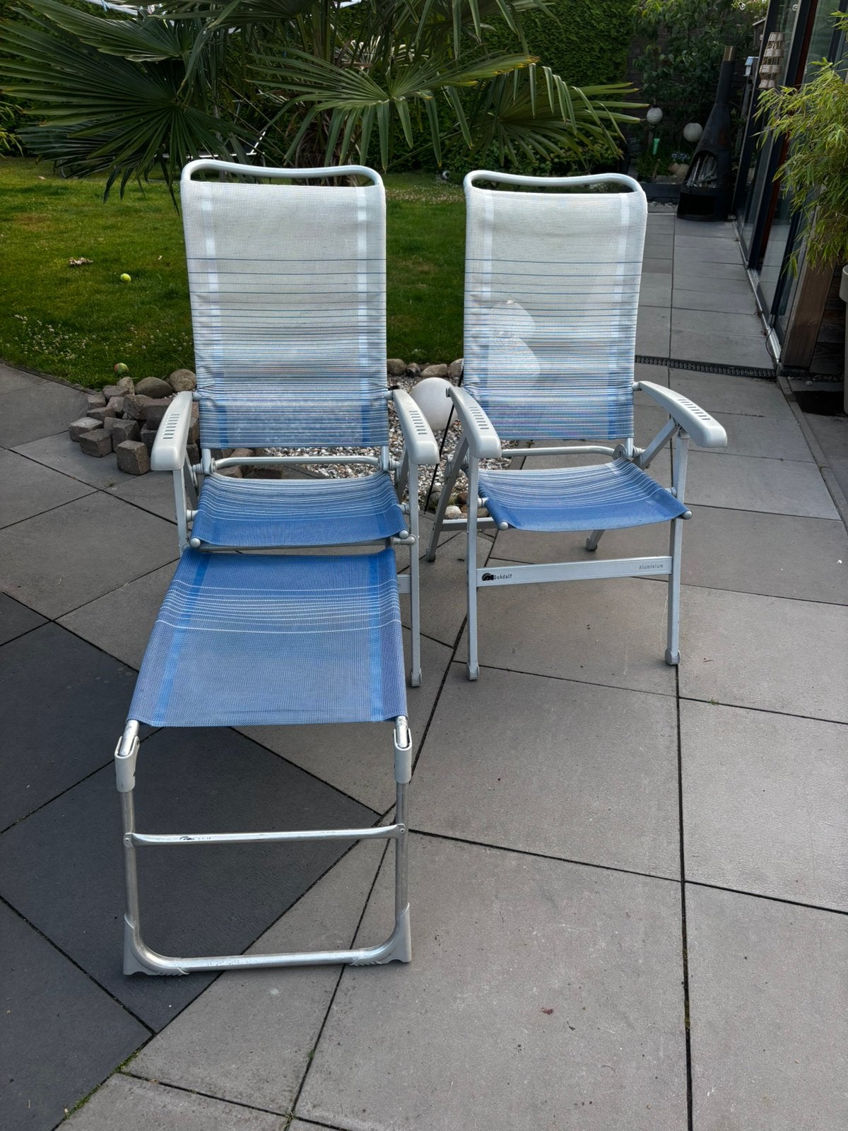Dukdalf aluminium 7 standen stoelen. En 1 voetenbankje, Ophalen, Gebruikt, Campingstoel