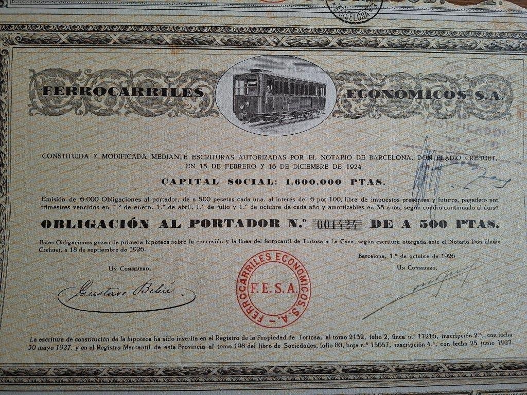 Ferrocarriles Économicos S.A., Barclona 1926, Ophalen of Verzenden, 1920 tot 1950, Aandeel