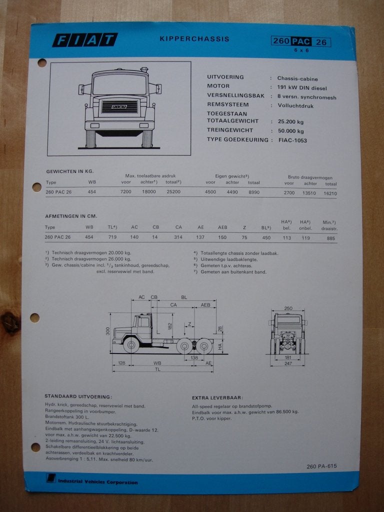 Fiat Iveco 260 PAC 26 6x6 Torpedo Specificatie folder 1982, Ophalen of Verzenden, Zo goed als nieuw, Overige merken, Fiat