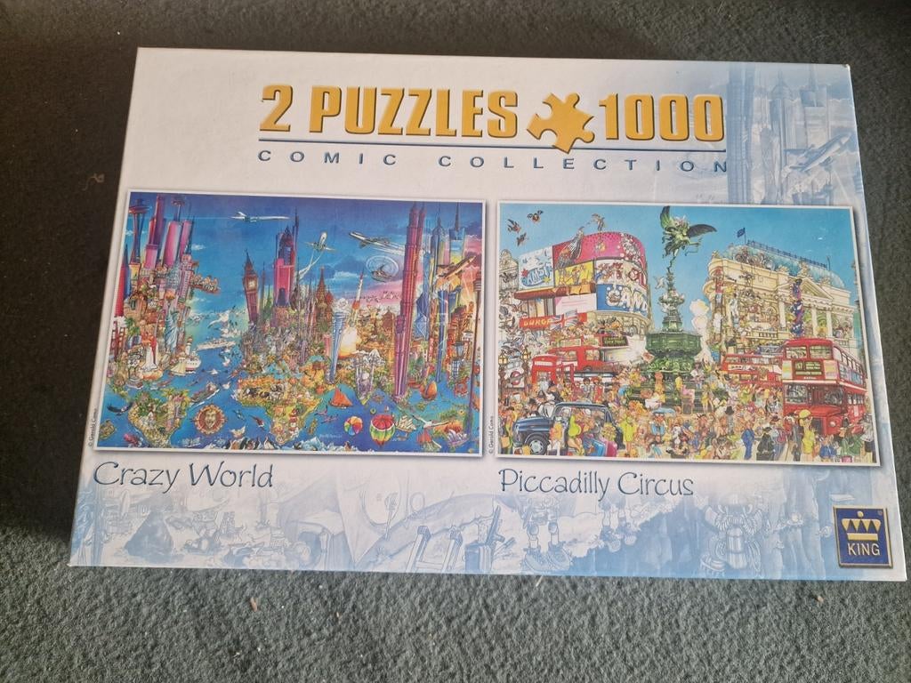 King 2 Puzzels 1000 Stukjes: Crazy World & Piccadilly Circus, Ophalen of Verzenden, 500 t/m 1500 stukjes, Gebruikt, Legpuzzel