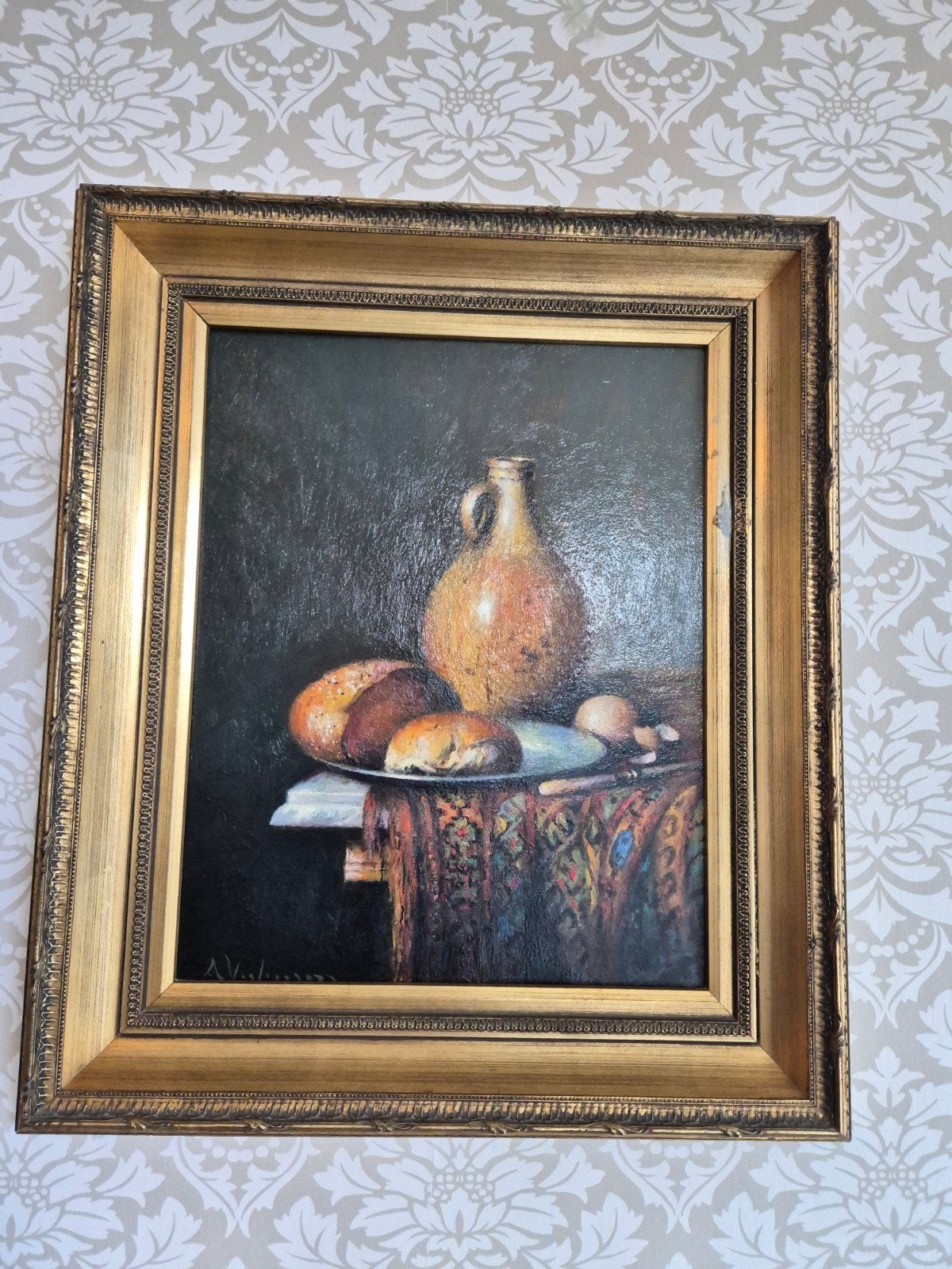 Klassiek stilleven met brood en kruik, Antiek en Kunst, Ophalen, Doek, Stilleven, Olieverf