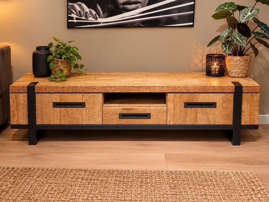 Haco  borneo TV-meubel van mangohout met metalen frame, Ophalen, Gebruikt, 150 tot 200 cm, Minder dan 100 cm