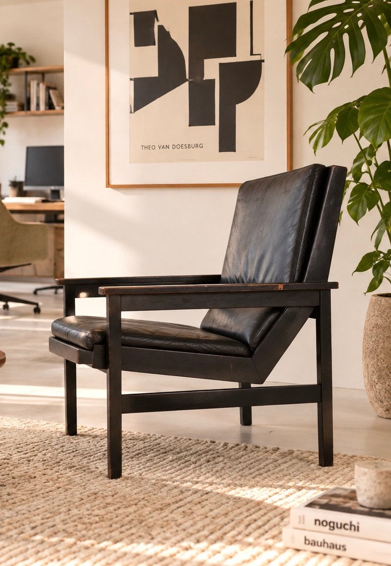 Vintage Rob Parry fauteuil zwart hout leren kussen leer, Minder dan 75 cm, Ophalen of Verzenden, Zo goed als nieuw, 50 tot 75 cm
