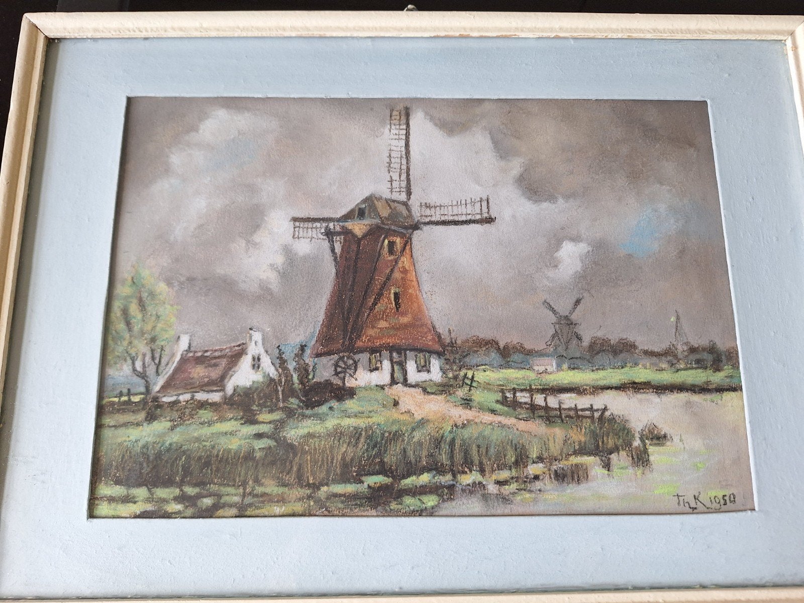 Oud Hollands landschap met molens - Pastel 1950, Antiek en Kunst, Realistisch, Gedateerd, Ophalen of Verzenden, Landschap