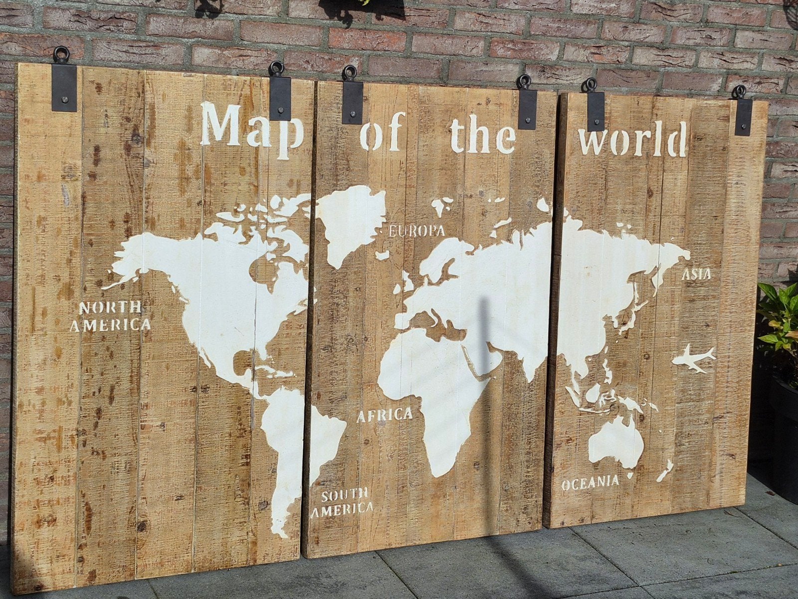 Houten Wereldkaart 3-luik - 210x120cm, Industrieel, Hout, Meerkleurig, Ophalen of Verzenden