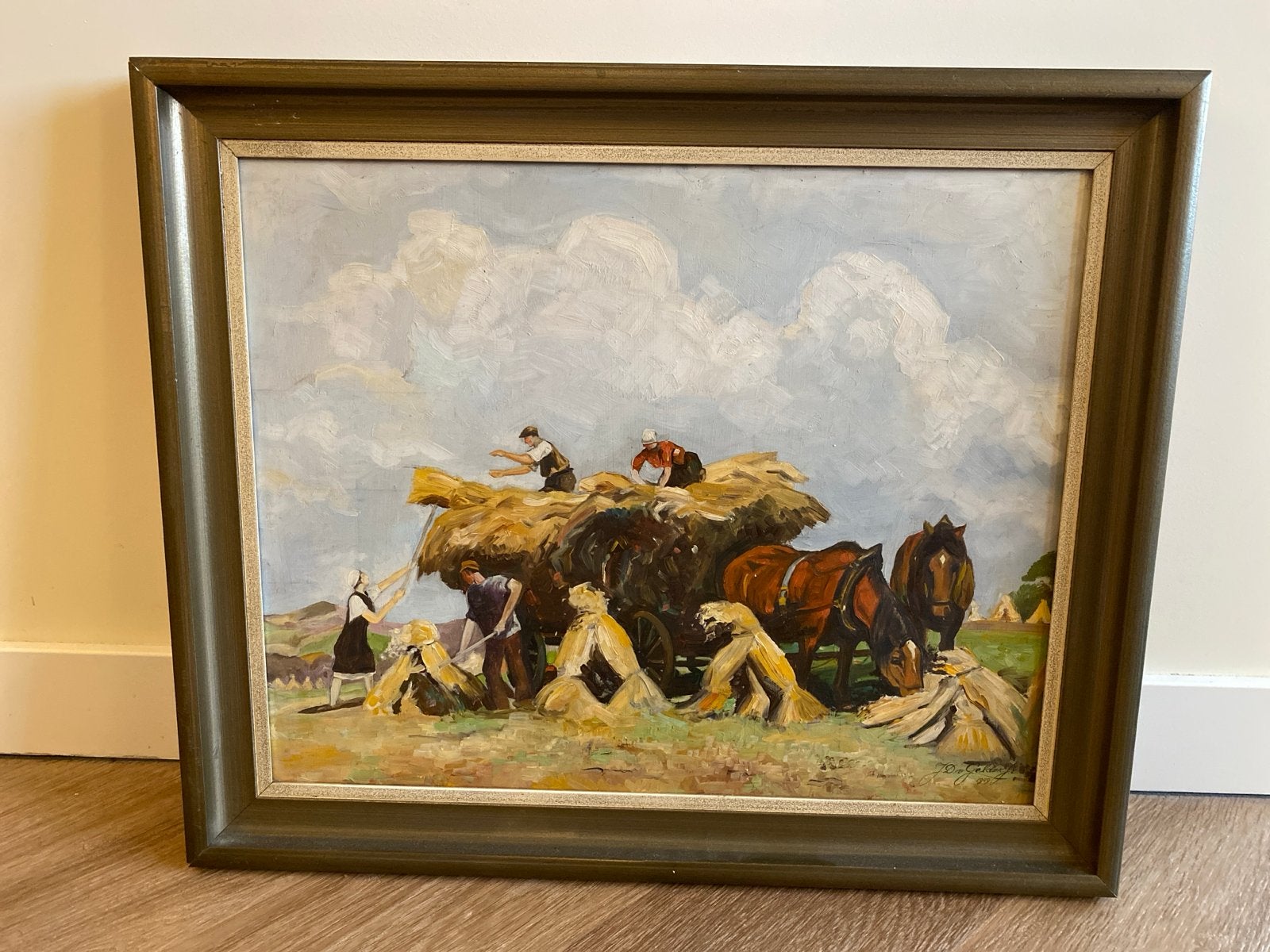 Olieverfschilderij: Hooioogst met paarden en boer, Ophalen, Doek, Realistisch, Landschap
