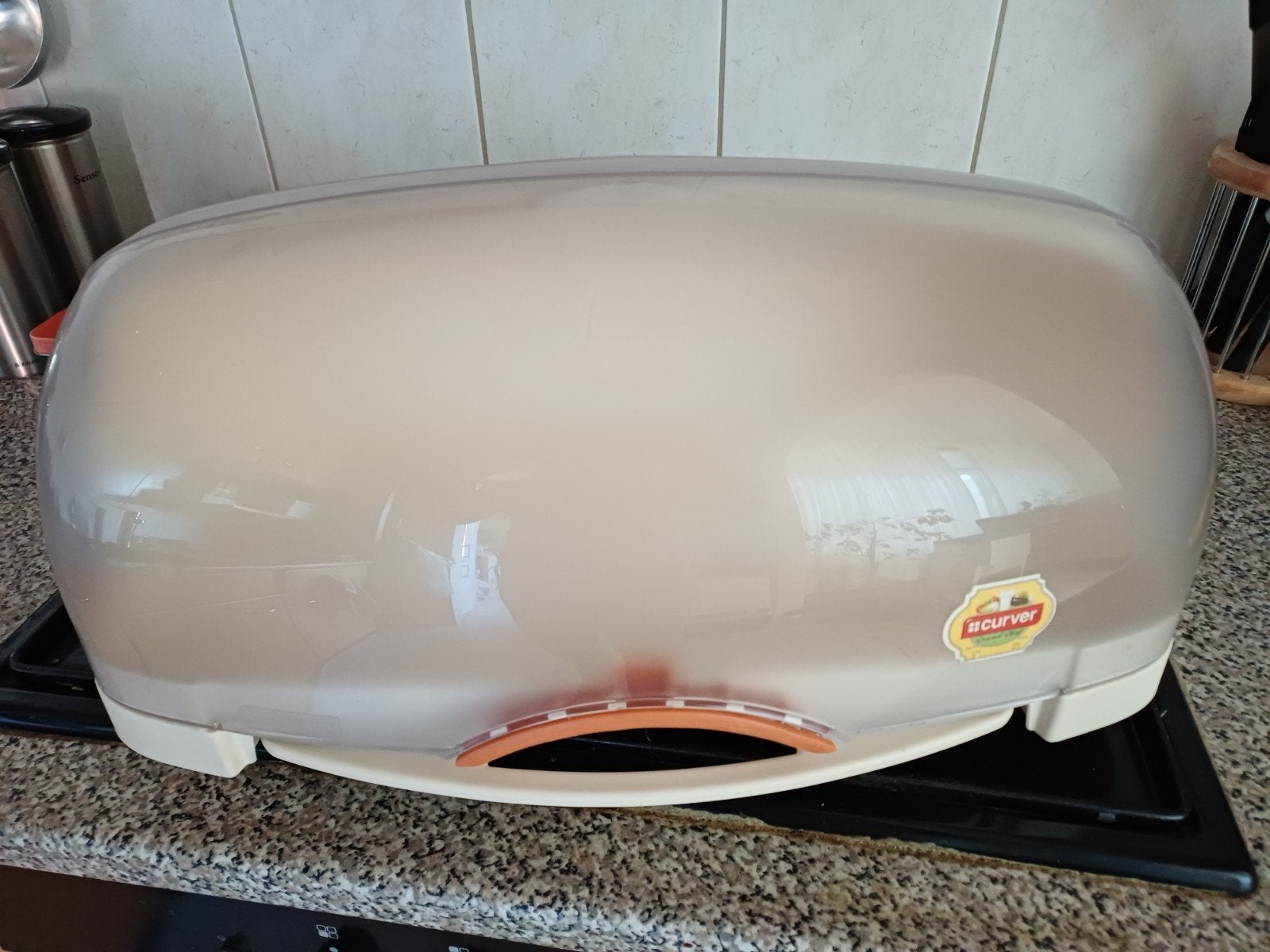 Retro Curver broodtrommel met snijplank jaren 70, Beige, Kunststof, Ophalen of Verzenden, Zo goed als nieuw